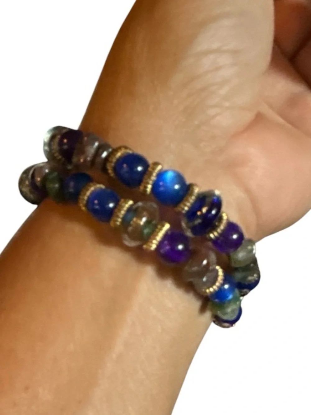 Handmade Blue Purple Cat’s Eye Glass & Gemstone Chip Memory Wire Wrap Bracelet
